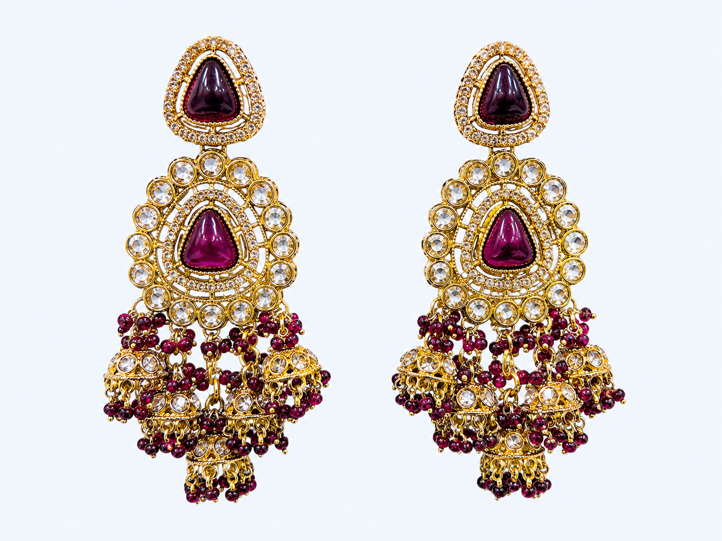 Ornate Gold and Ruby Gemstone Dangler Earrings - Bridal Wholesale